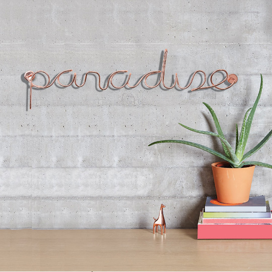 Декор для стен медный Paradise Декор для стен медный ParadiseДекор для стен, рамки-копилки<br>Любой интерьер, даже самый-самый дизайнерский, иногда надоедает. Внести свежую нотку поможет стильная надпись на стене. И всё заиграет новыми красками!<br>В чём плюсы:<br> Надпись Paradise в стиле неоновой подвески.<br> Сделана из стальной проволоки с медным покрытием.<br> Крепится к стене при помощи шурупов и дюбелей (входят в комплект).<br> За счёт объёма и глянцевого металлического покрытия надпись создаёт эффект светотени.<br><br>!Размер: 60 х 17 х 7,2 см.<br>Материал: металл.<br><br>Вес г: 716