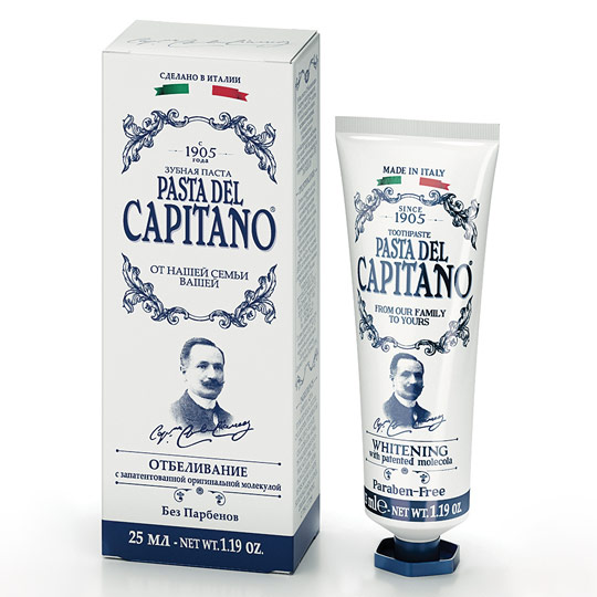 Зубная паста Capitano - Отбеливающая Зубная паста Capitano - ОтбеливающаяЗубная паста и щётки<br>Pasta del Capitano это серия продуктов для гигиены полости рта. Оригинальная формула пасты была изобретена в 1905 году, и марка до сих пор является одной из самых известных в Италии. Портрет и подпись Капитана, создателя пасты, дает гарантию качества продукции и подтверждает подлинность уникальной рецептуры.<br>В чём плюсы:<br> Объем - 25 мл.<br> Содержит уникальную формулу с молекулой активного кислорода. <br> Обладает сильным отбеливающим и антибактериальным действием.<br> Винтажный ретро-дизайн тюбика и уп...<br><br>Вес г: 45