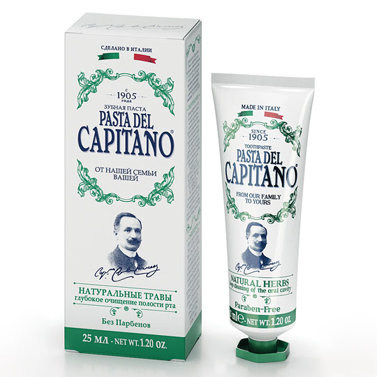 Зубная паста Capitano - Травы Зубная паста Capitano - ТравыЗубная паста и щётки<br>Pasta del Capitano это серия продуктов для гигиены полости рта. Оригинальная формула пасты была изобретена в 1905 году, и марка до сих пор является одной из самых известных в Италии. Портрет и подпись Капитана, создателя пасты, дает гарантию качества продукции и подтверждает подлинность уникальной рецептуры.<br>В чём плюсы:<br> Объем - 25 мл.<br> Микрогранулы натуральных травяных экстрактов обеспечат всестороннюю гигиену и защиту полости рта.<br> Винтажный ретро-дизайн тюбика и упаковки.<br> Объем: 25 мл.<br><br>Вес г: 43