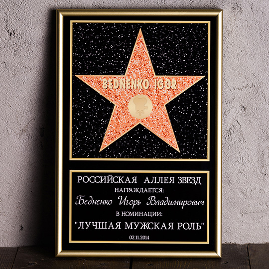 Звезда You are a Hollywood star Звезда You are a Hollywood starСувениры с гравировкой<br>Кому же из нас не хочется стать знаменитым? ;) Порадуй друзей и родных, присвоив им статус мировой знаменитости и <br>подарив место на Голливудской аллее славы. <br><br>В чём плюсы:<br> Сделать персональную звезду очень легко - заполни поля выше, указав имя звезды, за что вручается награда и т.д.<br> ВНИМАНИЕ! Изначально в полях прописаны примеры заполнения, поэтому если ты хочешь видеть на подарке надпись <br>ГОЛЛИВУДСКАЯ АЛЛЕЯ СЛАВЫ, её нужно прописать. Если поле останется незаполненным, на изделии никаки...<br><br>Вес г: 1151