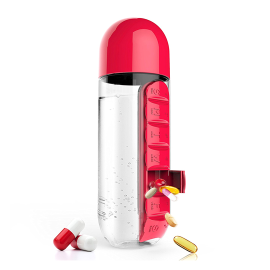 Бутылка с таблетницей Pill organizer / Красный Бутылка с таблетницей Pill organizer / КрасныйТамблеры, термосы, бутылки<br>Функциональный и практичный аксессуар, незаменимый в дороге. Бутылка для воды и таблетница 2в1! Все твои витаминки и обезболивающие всегда с собой!<br><br>В чём плюсы:<br> Объем 600 мл.<br> Главной особенностью бутылки является органайзер с 7 отделениями для таблеток.<br> При необходимости органайзер снимается простым движением.<br>Сделана из высококачественного пищевого пластика. Абсолютно безопасного для здоровья человека, так как не содержит бисфенол А. <br> Крышку можно использовать вместо чашки.<br><br>Материал...<br><br>Цвет: Красный<br>Вес г: 210