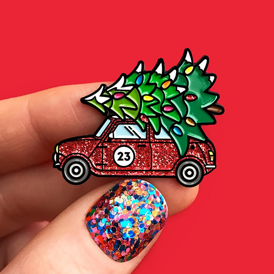 Значок 'Christmas car' / Красный с блестками