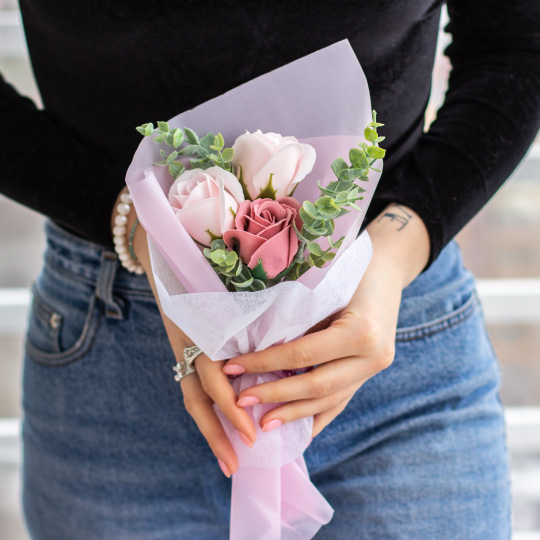Букет из мыльных цветов 'Beautiful Rose', 3 цветка / Нежно-розовый