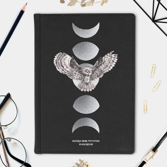 

Ежедневник А5 Velvet 'Silver Owl' с вашей надписью (разные цвета) / Чёрный